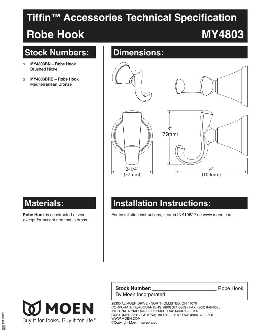 Moen MY4803BN cut sheet — first page
