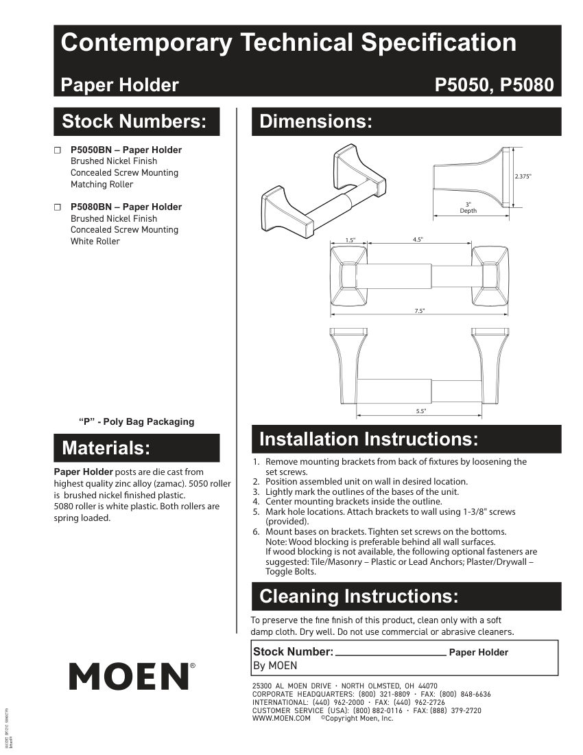 Moen P5050BN cut sheet — first page