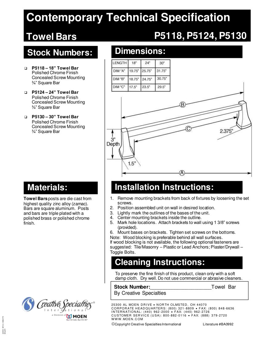 Moen P5118 cut sheet — first page