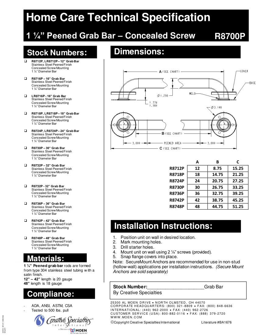 Moen R8712P cut sheet — first page