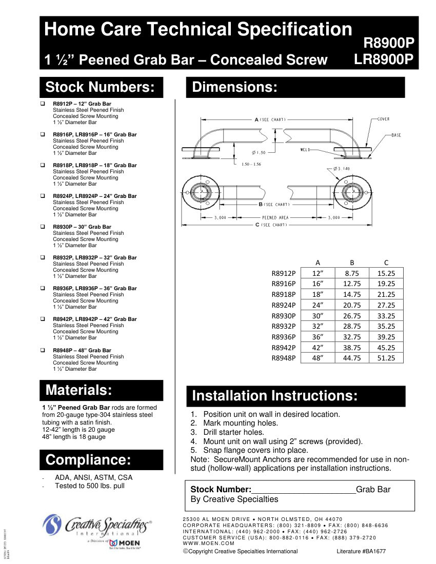 Moen R8912P cut sheet — first page