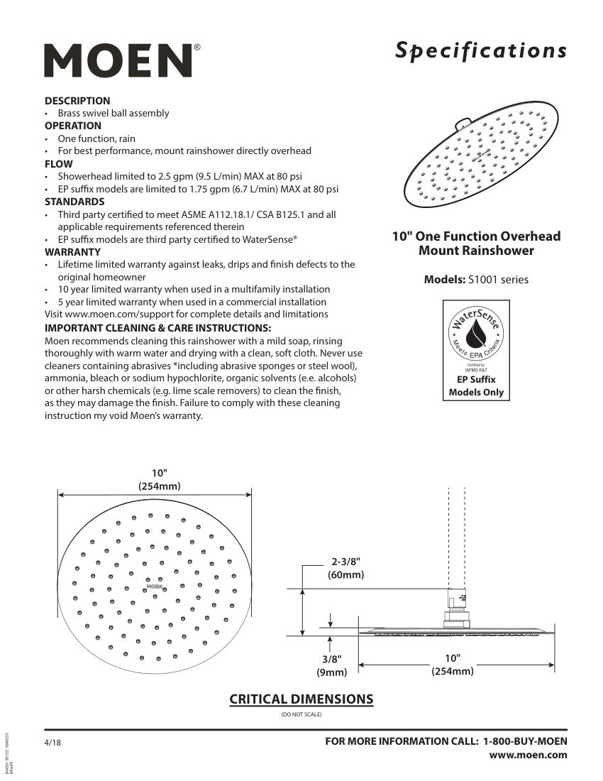 Moen S1001-series cut sheet — first page