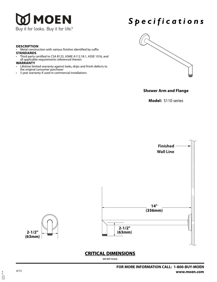 Moen S110-series cut sheet — first page