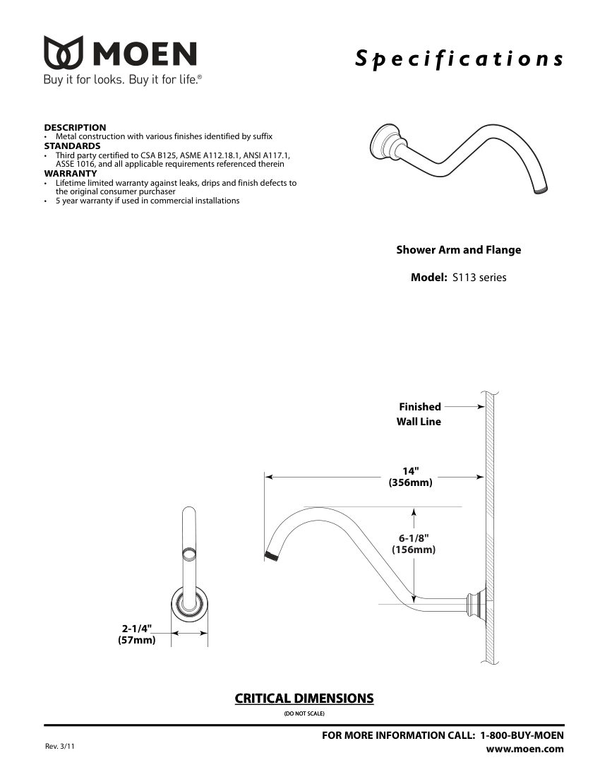 Moen S113-series cut sheet — first page
