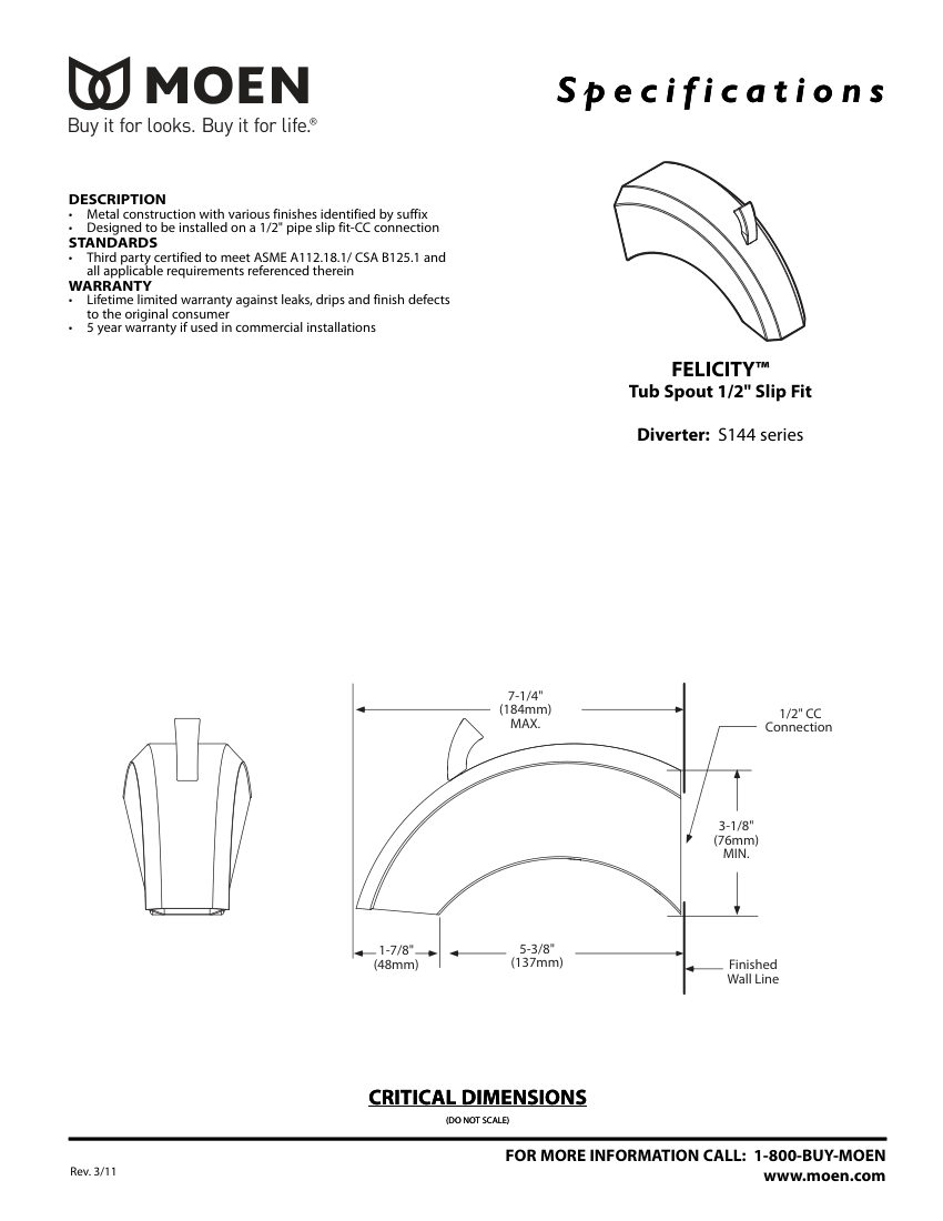 Moen S144 cut sheet — first page