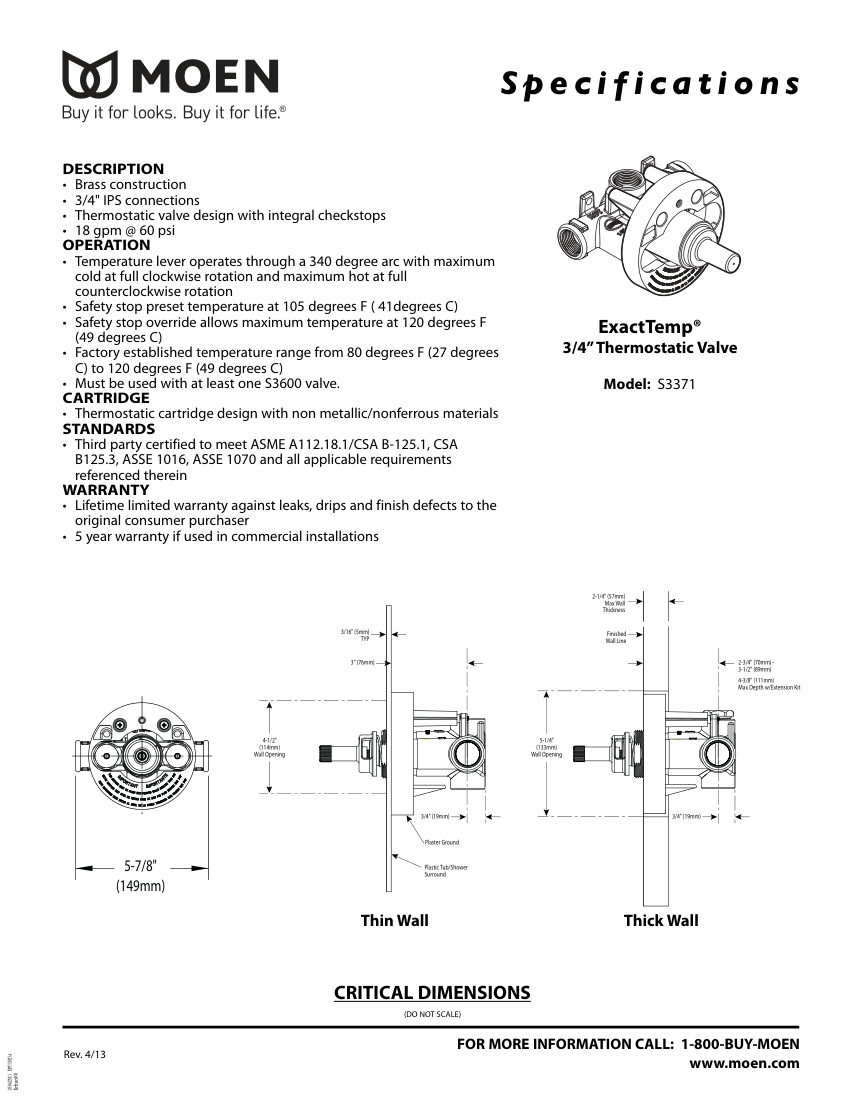 Moen S3371 cut sheet — first page