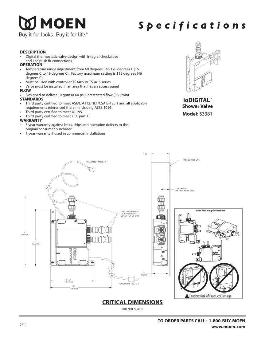 Moen S3381 cut sheet — first page