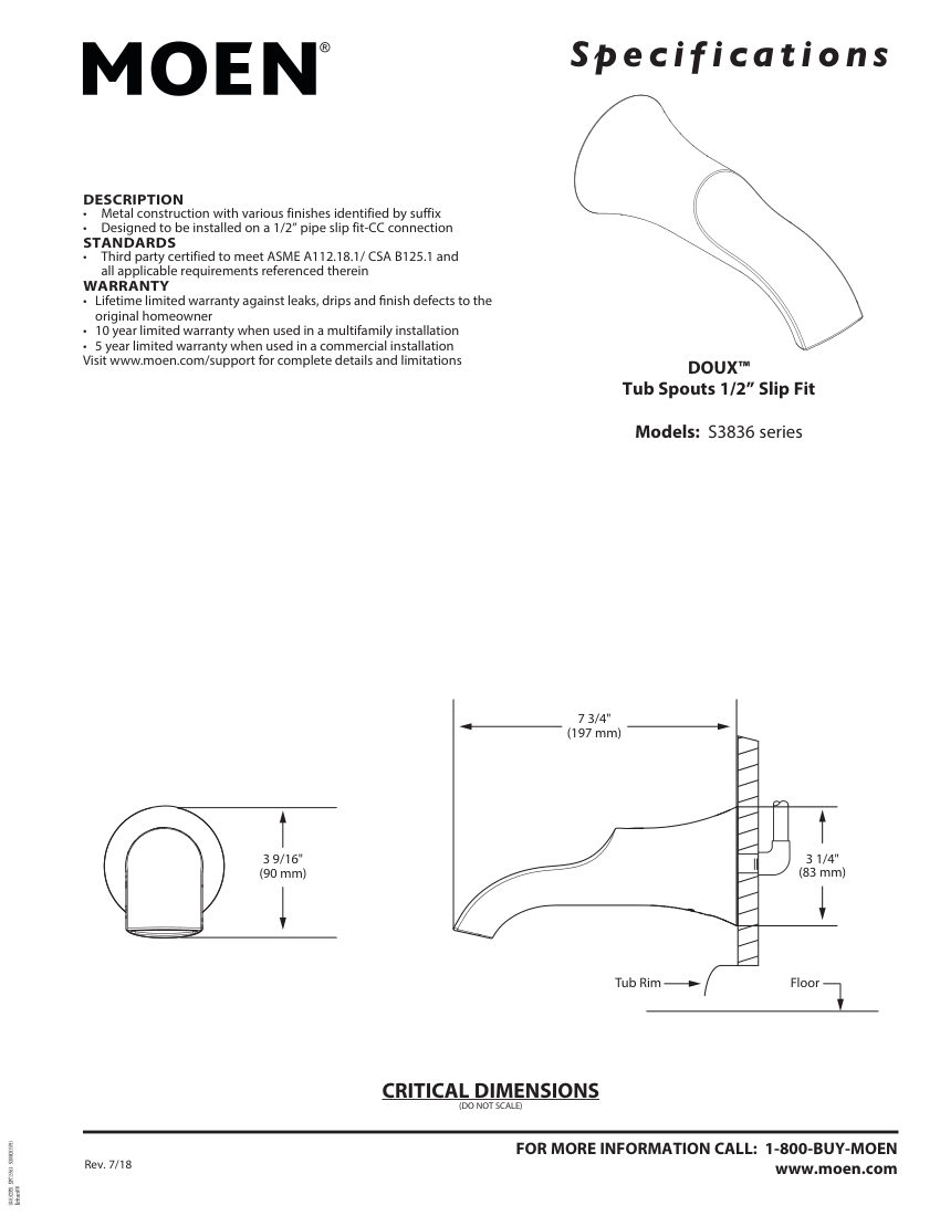 Moen S3836-series cut sheet — first page