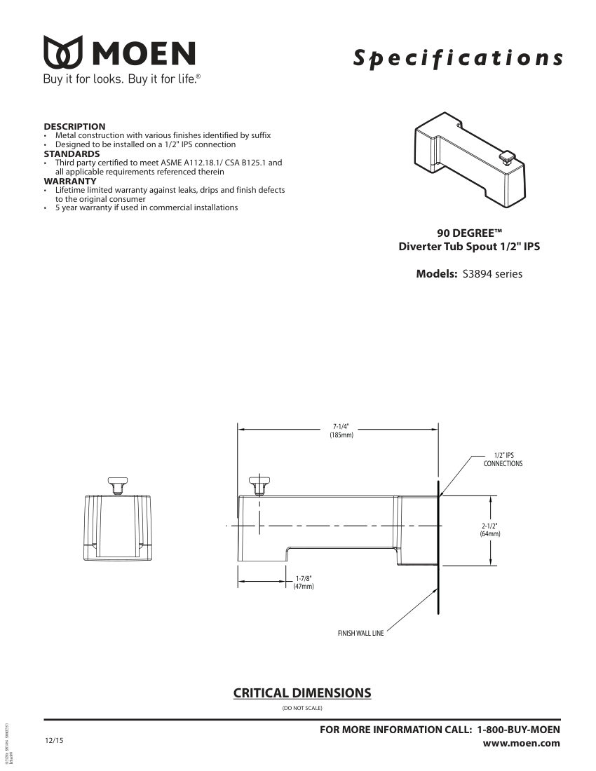 Moen S3894 cut sheet — first page