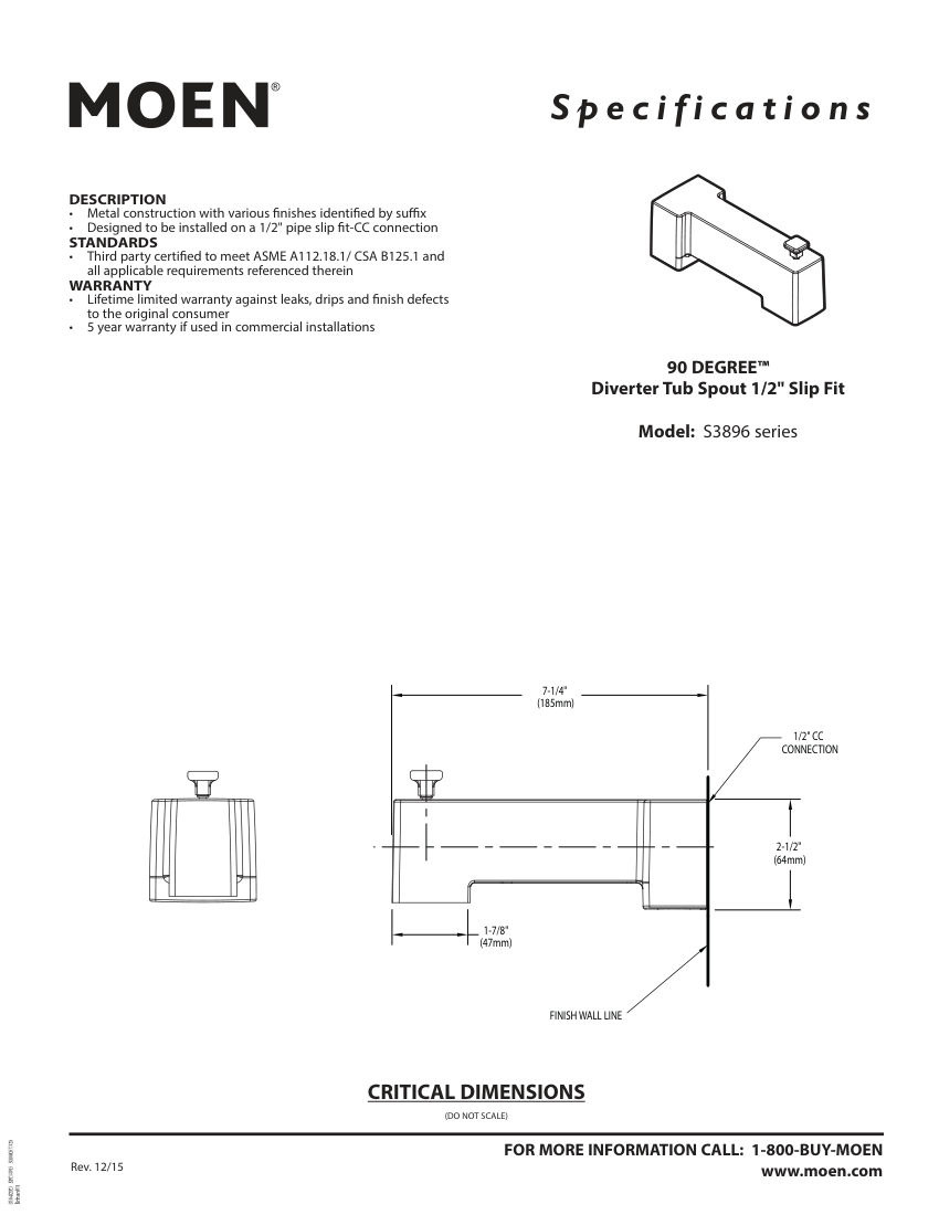 Moen S3896 cut sheet — first page