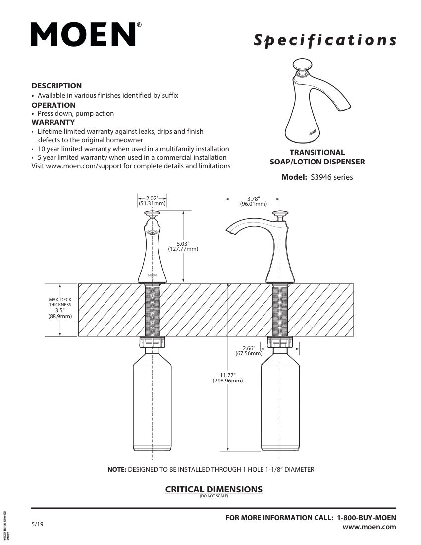 Moen S3946 cut sheet — first page
