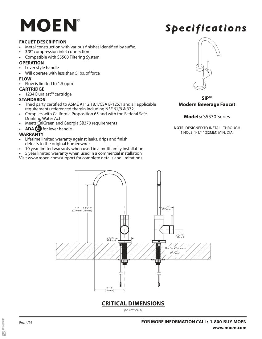 Moen S5500 cut sheet — first page