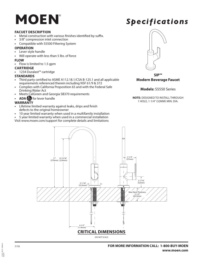 Moen S5550-Series cut sheet — first page