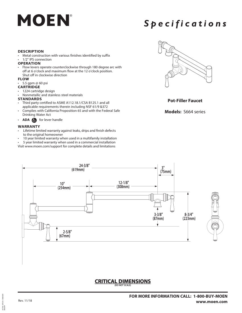 Moen S664-series cut sheet — first page