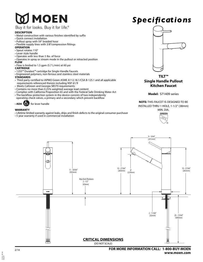 Moen S71409-series cut sheet — first page