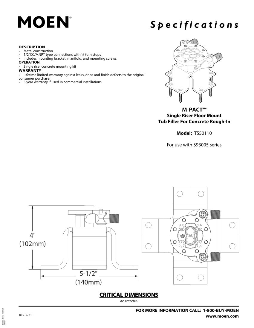 Moen S93005 cut sheet — first page