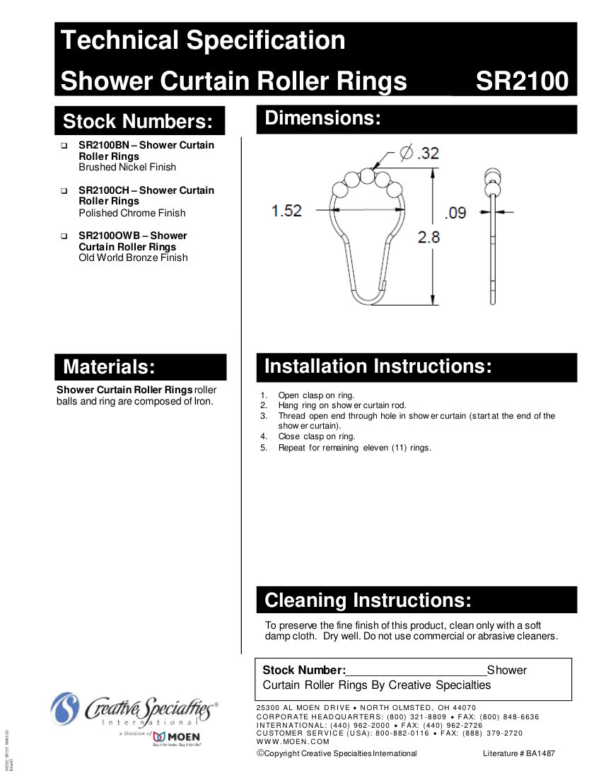 Moen SR2100BN cut sheet — first page