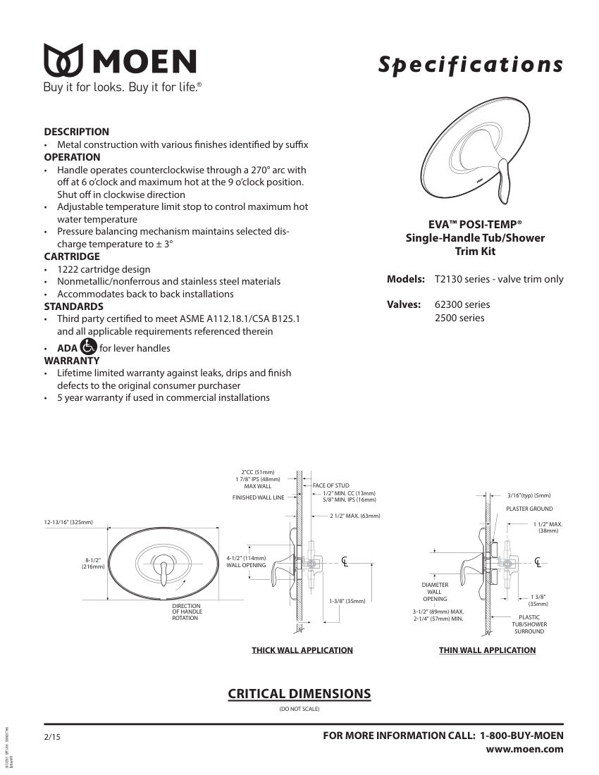 Moen T2130-series cut sheet — first page