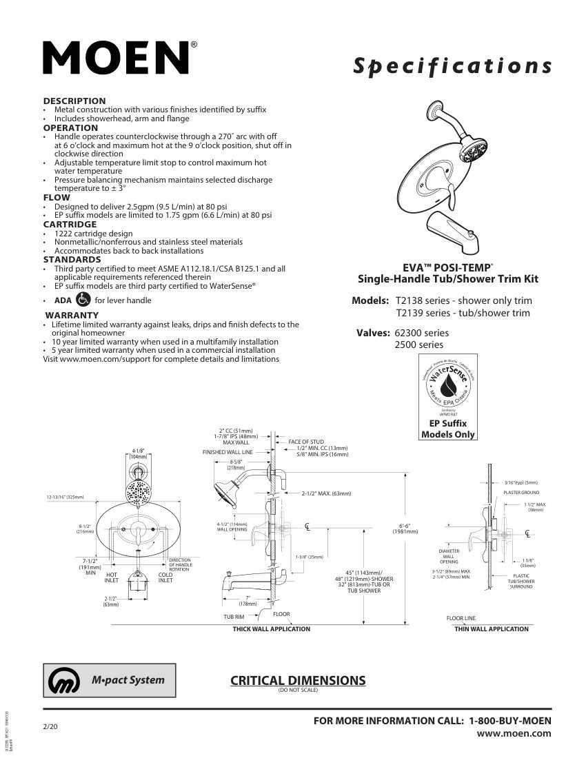 Moen T2138-series cut sheet — first page