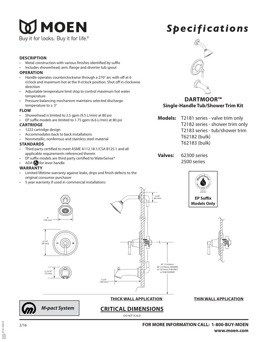 Moen T2181-series cut sheet — first page