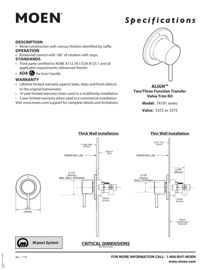 Moen T4191-series cut sheet — first page