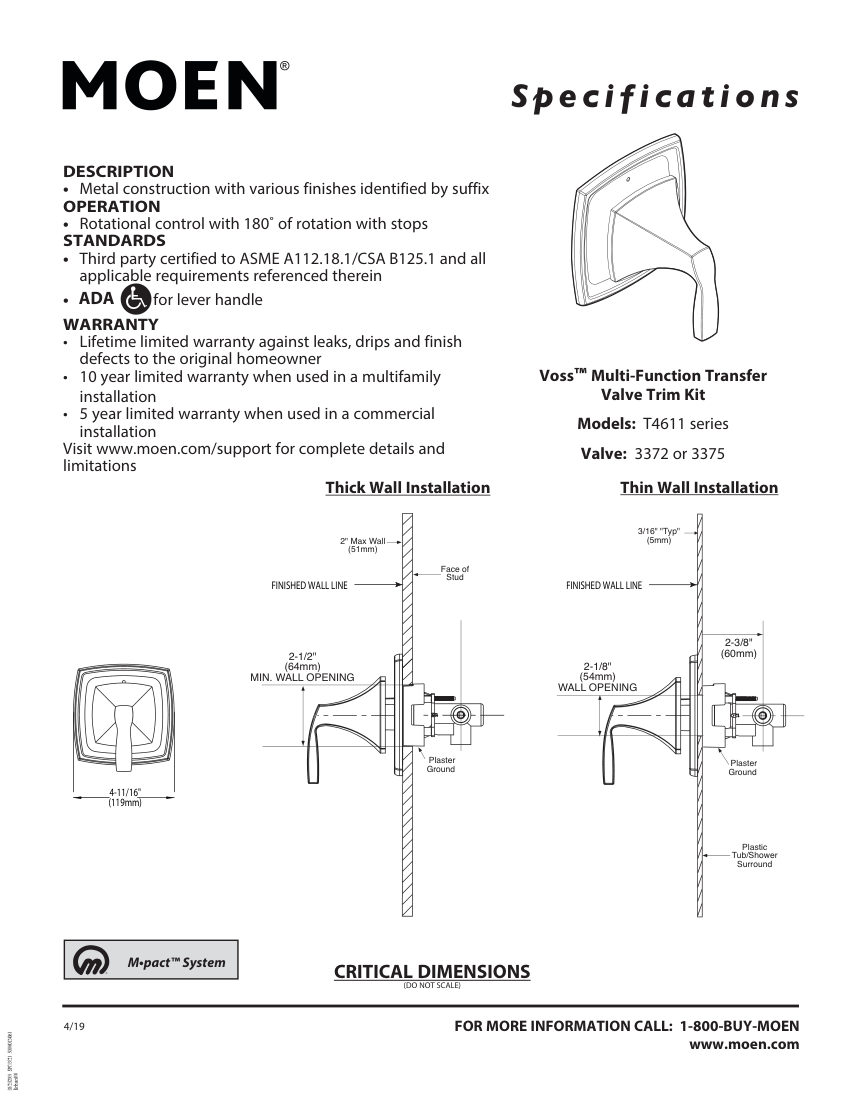 Moen T4611-series cut sheet — first page