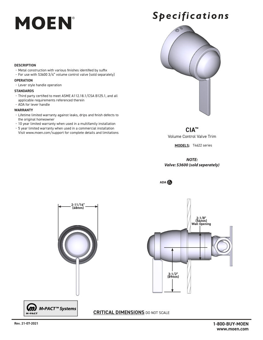 Moen T4622-series cut sheet — first page