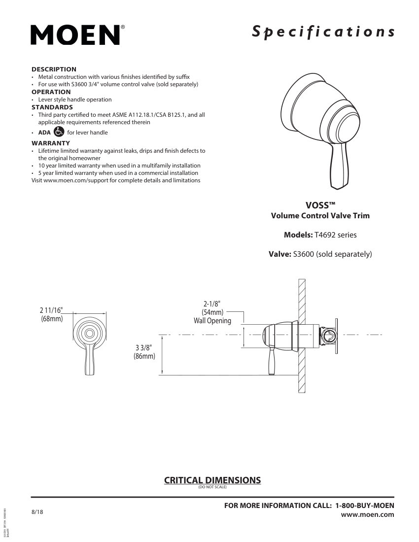 Moen T4692-series cut sheet — first page