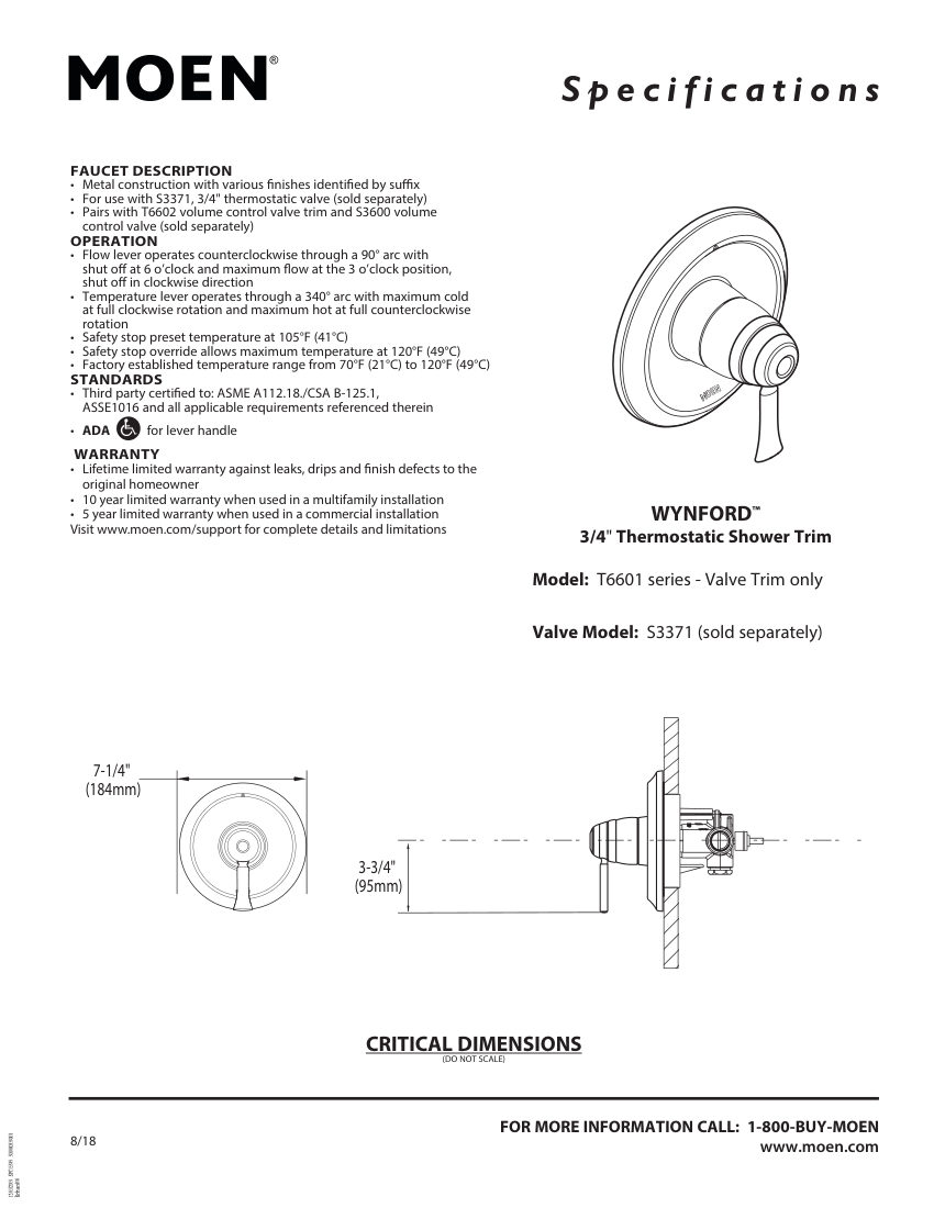 Moen T6601-series cut sheet — first page