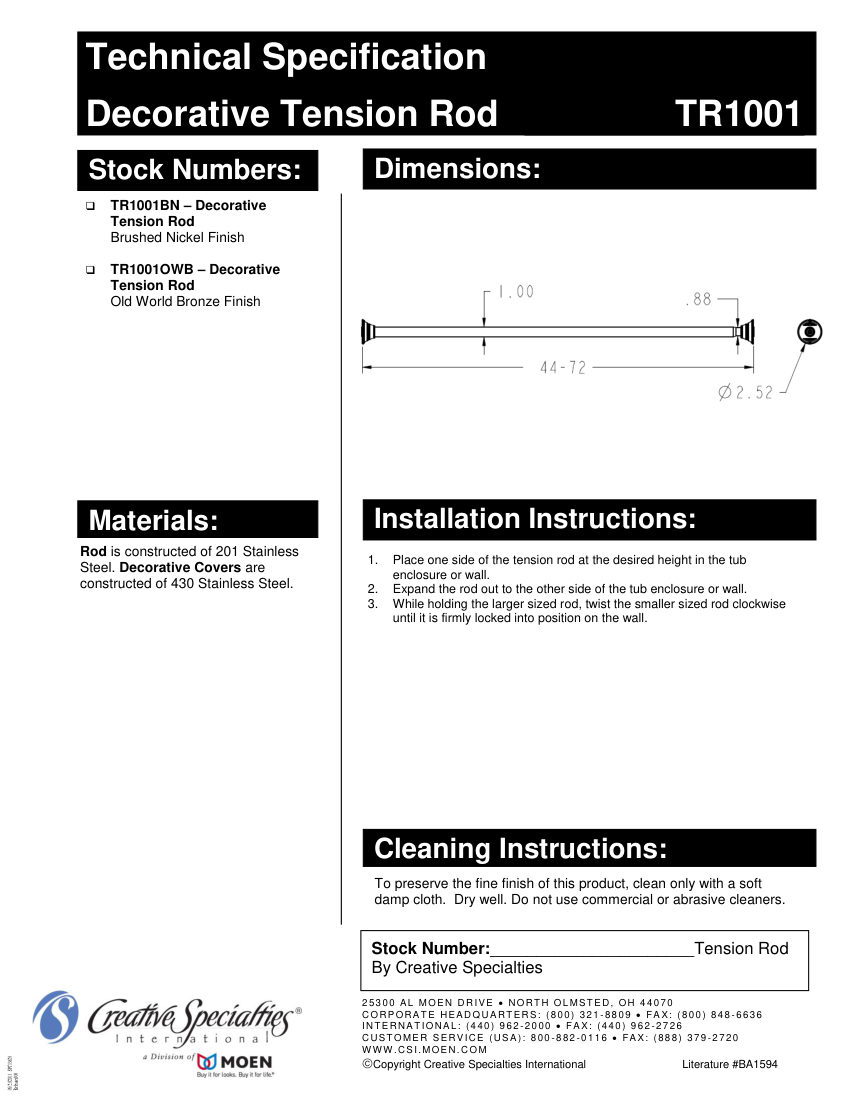 Moen TR1001BN cut sheet — first page