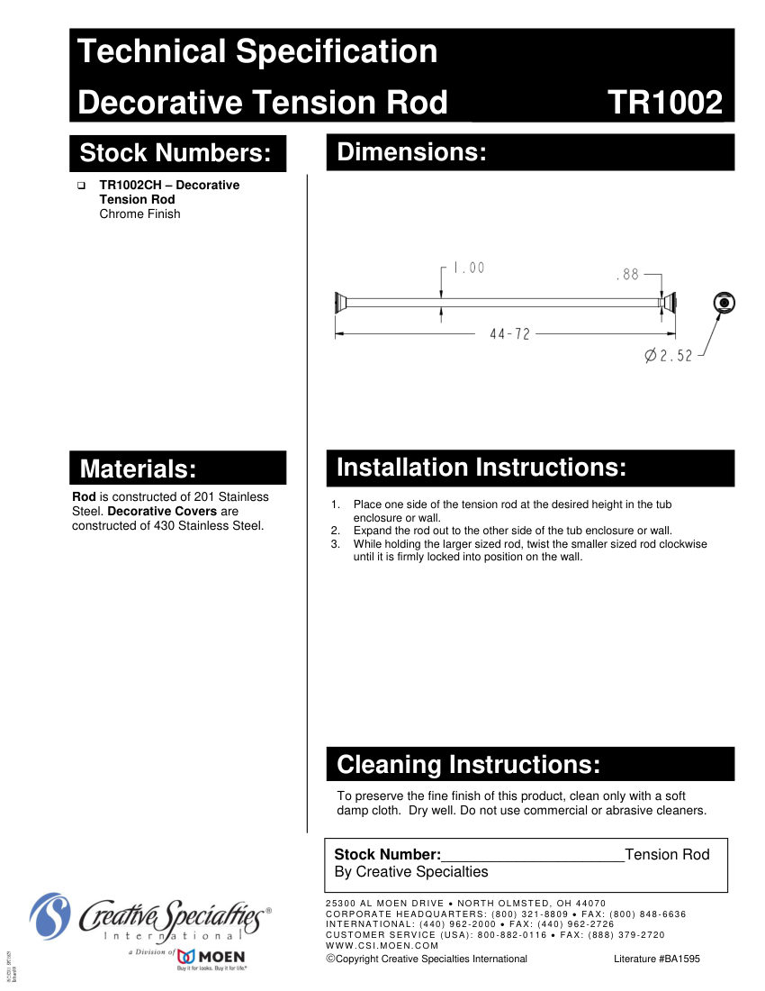 Moen TR1002CH cut sheet — first page