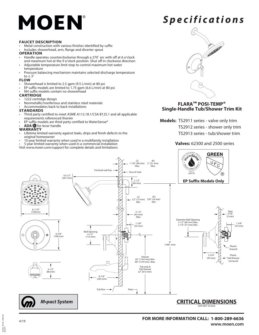 Moen TS2911-series cut sheet — first page