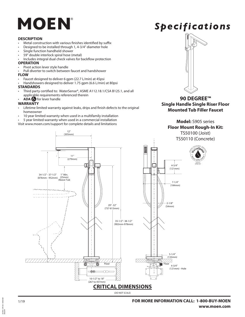 Moen TS50100 cut sheet — first page