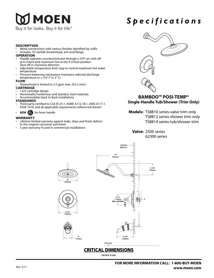 Moen TS8810-series cut sheet — first page
