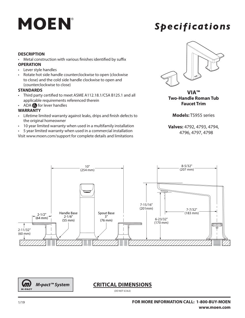 Moen TS955-series cut sheet — first page