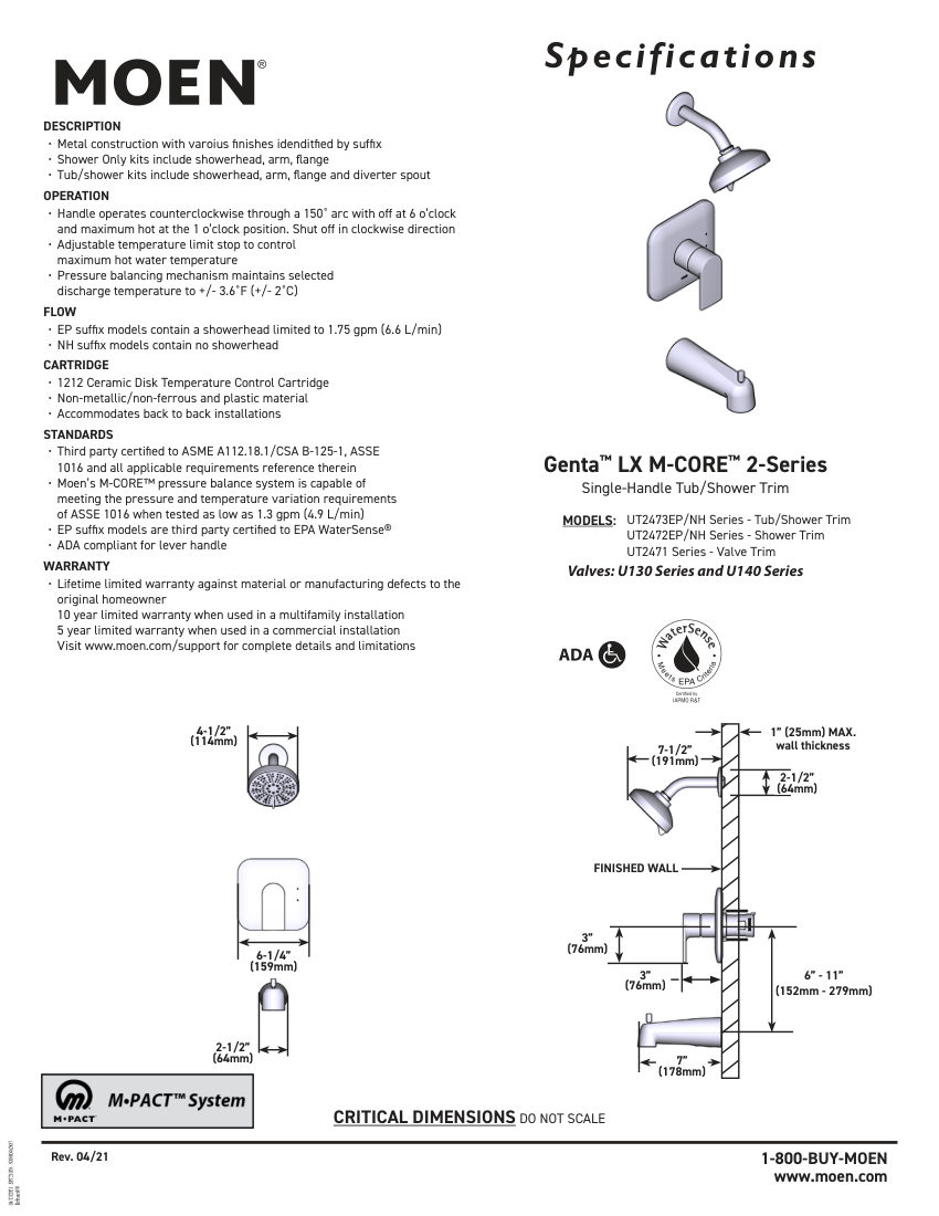 Moen U130-Series cut sheet — first page