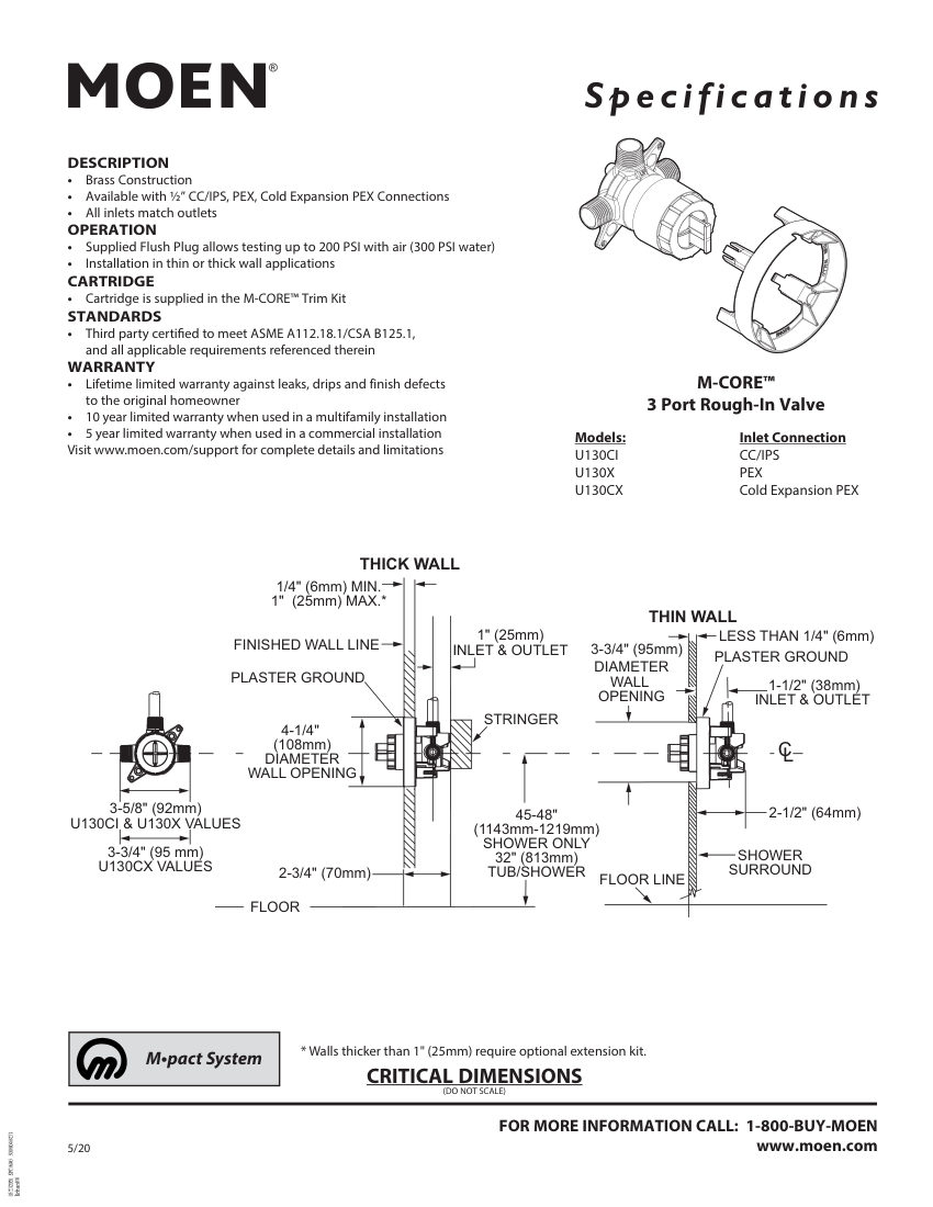 Moen U130CI cut sheet — first page