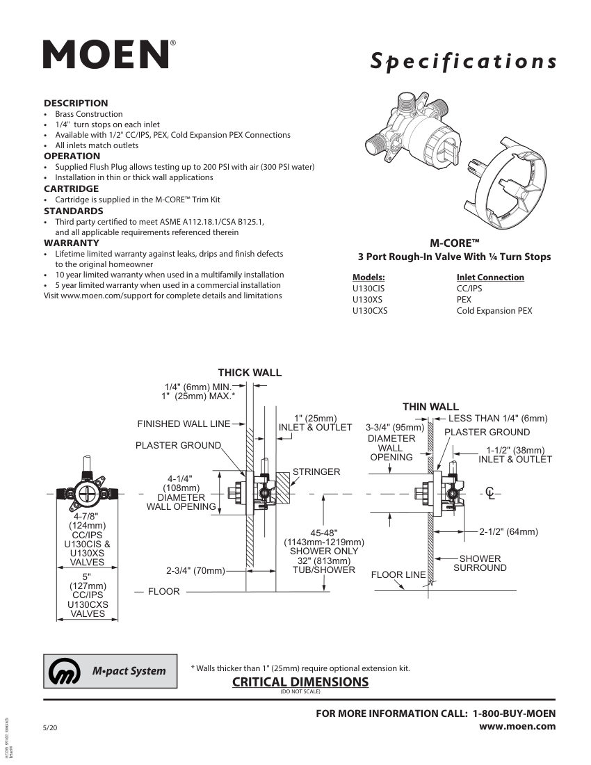 Moen U130CIS cut sheet — first page