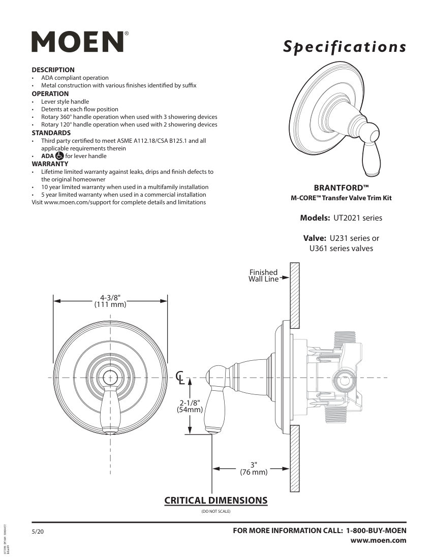 Moen UT2021-series cut sheet — first page