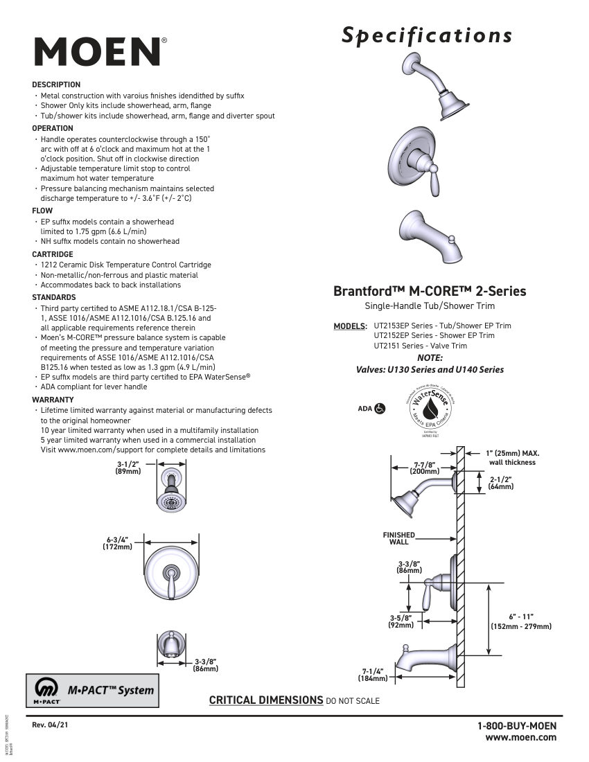 Moen UT2153EP-Series cut sheet — first page