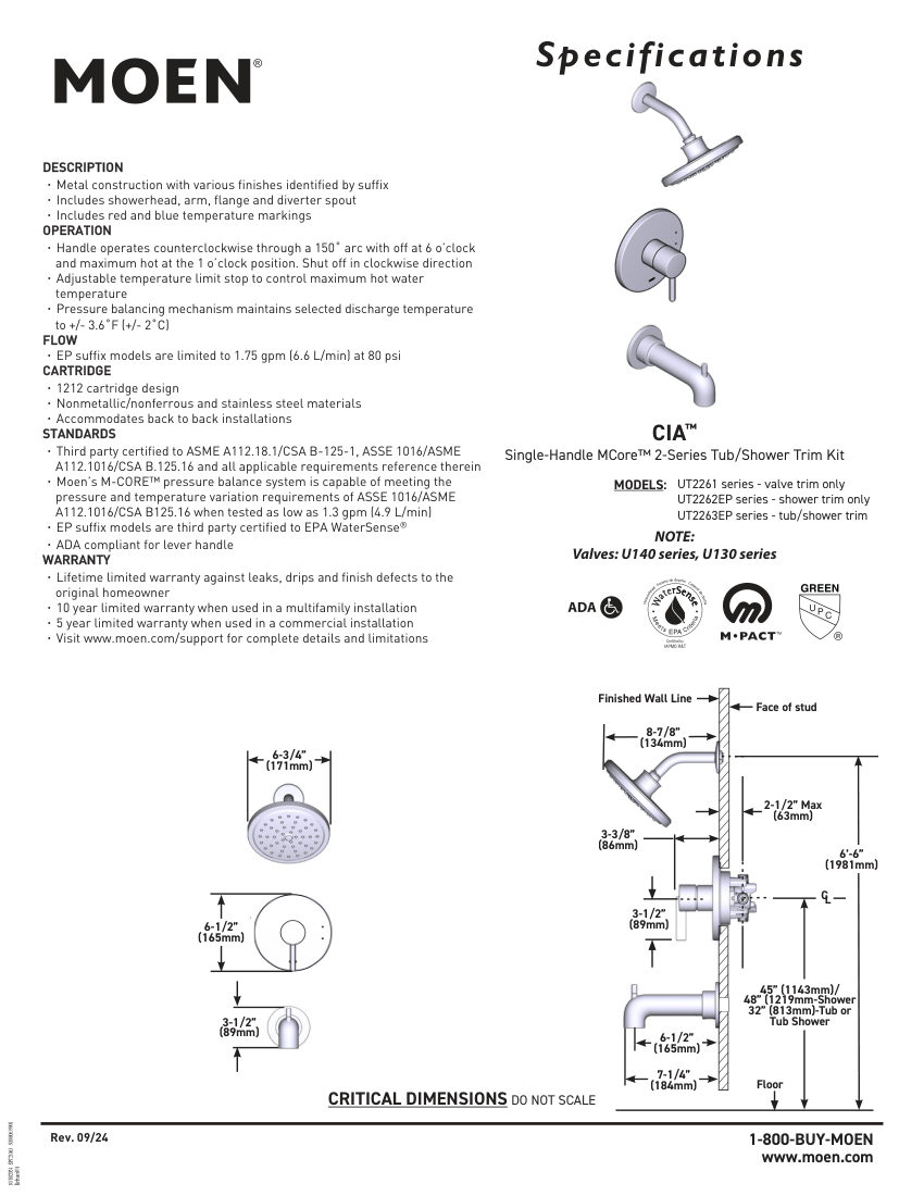 Moen UT2261-series cut sheet — first page