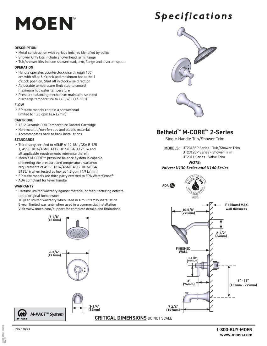 Moen UT2313EP-Series cut sheet — first page