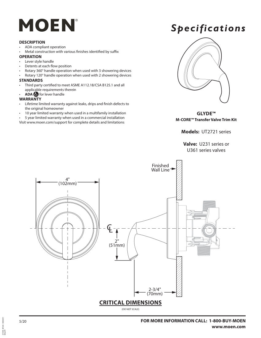 Moen UT2721-series cut sheet — first page