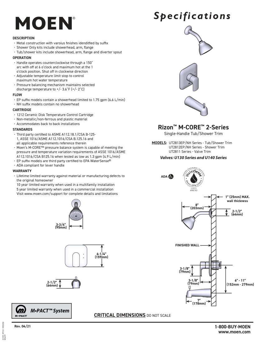 Moen UT2813EP/NH-Series cut sheet — first page