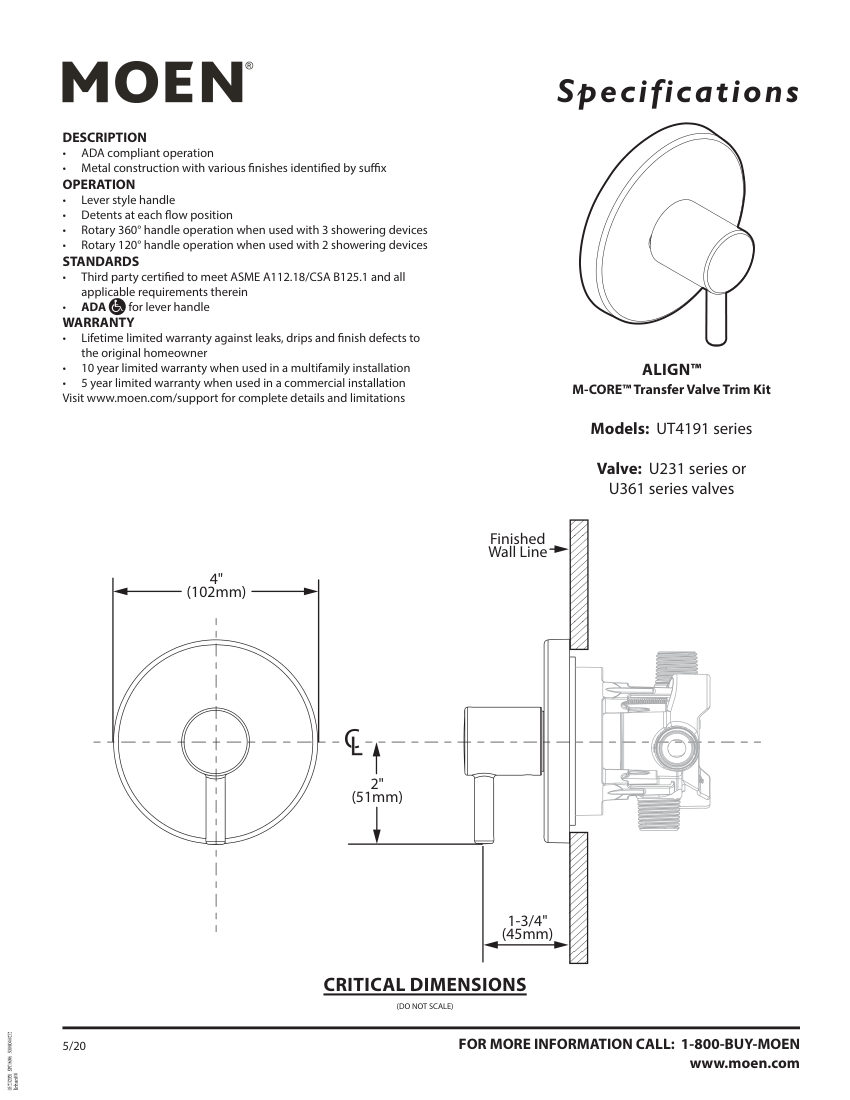 Moen UT4191-series cut sheet — first page