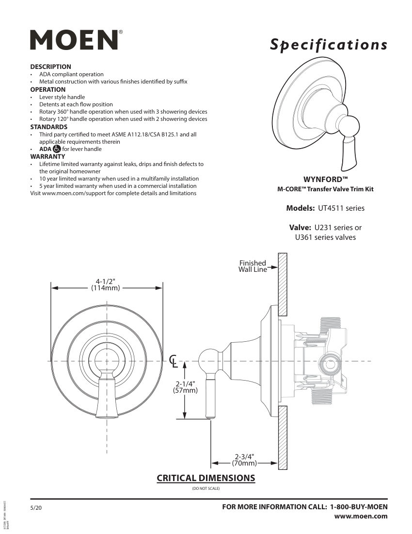 Moen UT4511-series cut sheet — first page