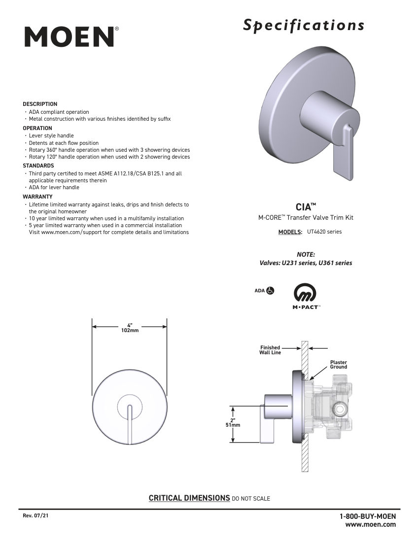 Moen UT4620-series cut sheet — first page