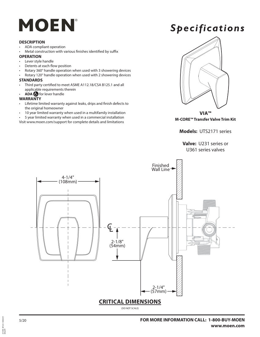 Moen UTS2171-series cut sheet — first page