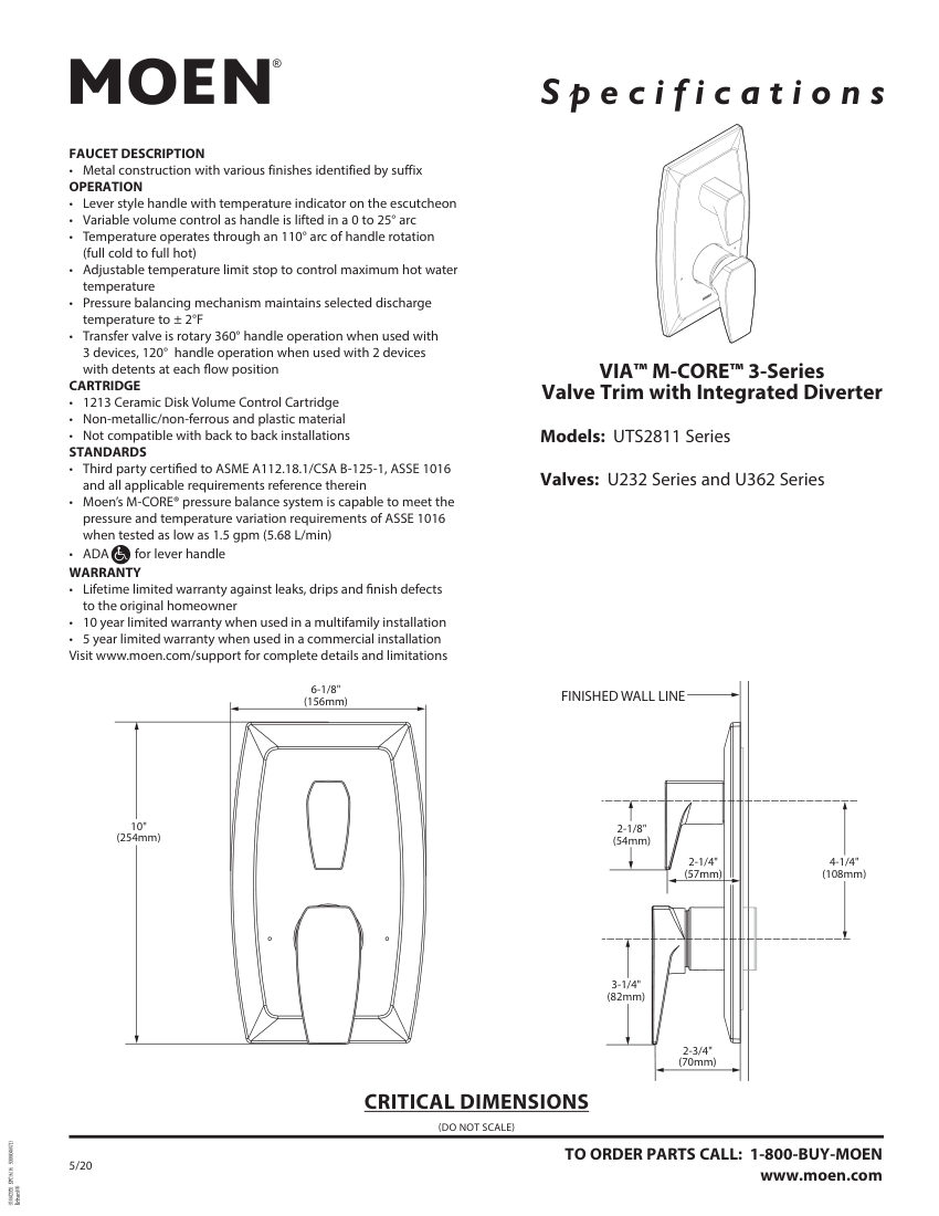 Moen UTS2811-Series cut sheet — first page
