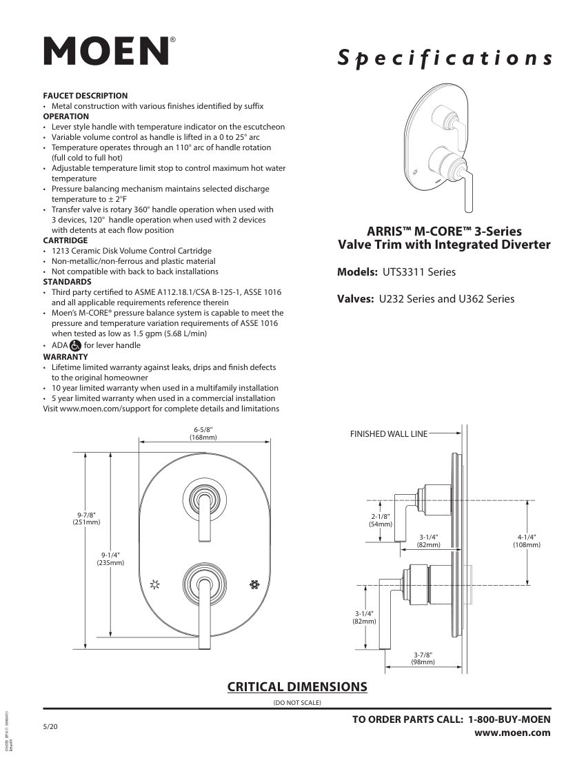 Moen UTS3311-Series cut sheet — first page